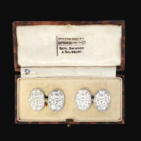 Pair of Victorian engraved cufflinks complete set in presentation case front view