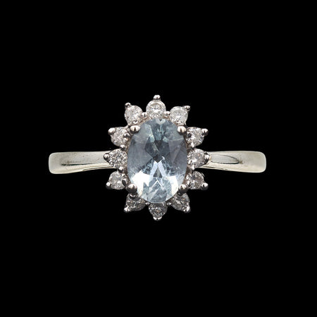 14ct white gold aquamarine and diamond cluster ring front view