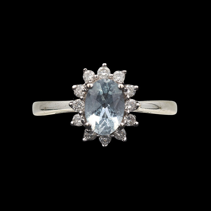 14ct white gold aquamarine and diamond cluster ring front view