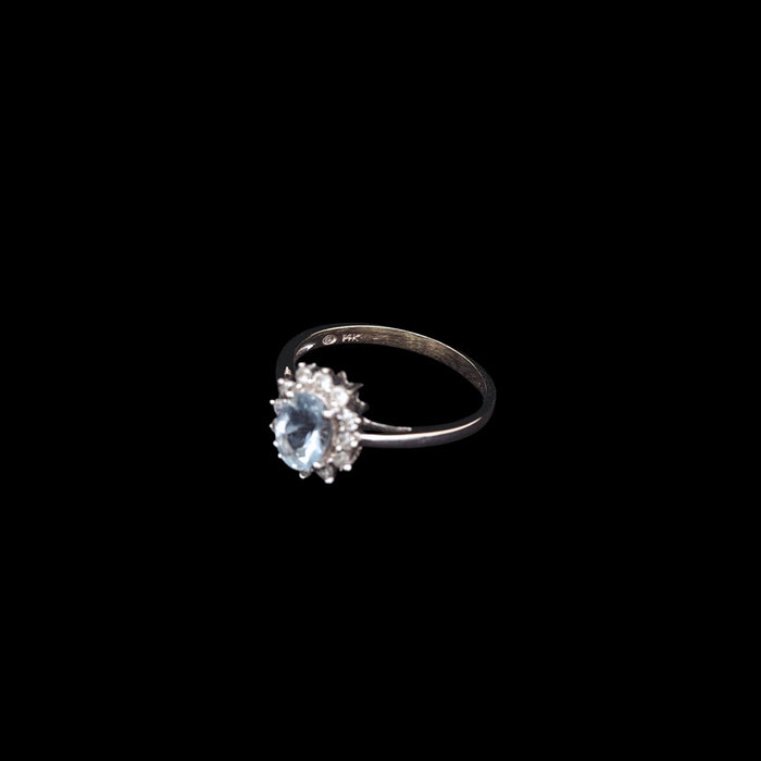 14ct white gold aquamarine and diamond cluster ring side and hallmark view