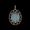 Vintage 9ct yellow gold pendant with oval faceted blue topaz, approx 3.5ct, set in an openwork heart motif frame, Birmingham 1995 hallmark, front view on black background